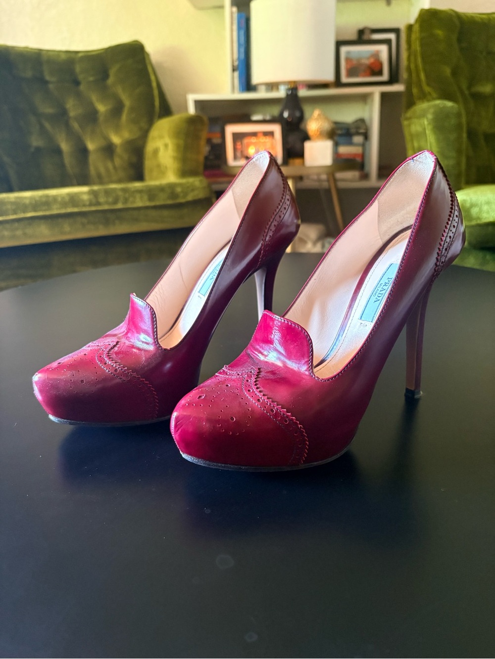 Prada Burgundy Leather embroidered hidden platform spool heel High Heel Pumps